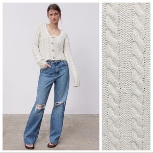 NWT. Zara Cream/Gray Cable Knit Cardigan with Rhinestone Buttons. Size S.